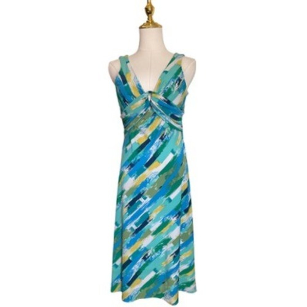 BCBGMAXAZRIA Dress Medium Shift Striped Blue Green Sleeveless Midi Career Resort